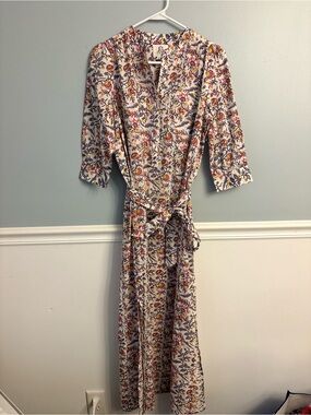 dRA Los Angelos Floral Midi Dress Cream 3/4 Sleeve Button Front Boho Cottagecore